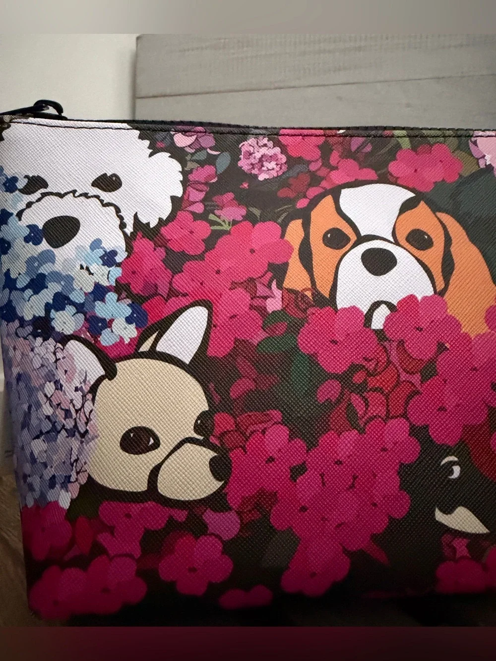Marc Tetro Black & Floral Dogs Large Cosmetic Case Pouch - NWT